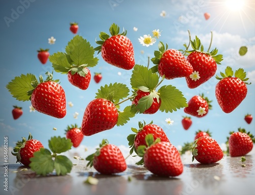 Ripe strawberries falling with leaves and water so freshly isolated on blue background