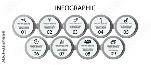 Business Infographic Design Template. minimal Timeline design with 9 steps, options and marketing icons. Vector linear infographic with nine circle connected elements. Can be used for your presentatio