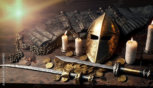 Golden helmet of a hero, medieval still life with swords, daggers, chain, leather and candles on a wooden table, dark fantasy