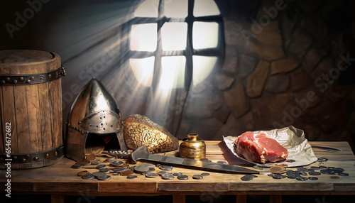 Medieval feast - Medieval still life with meat, barrel, sword, helmet, coins and gold, fantasy world, dungeon