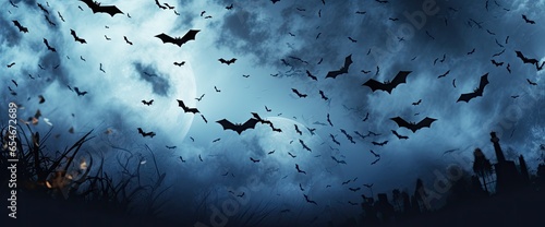 Spooky halloween sky background with bats and full moon background.