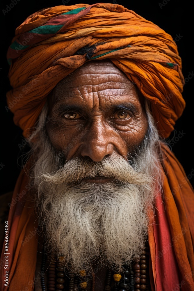 Portrait of a Rajasthan elder with an intricate moustache and traditional clothing. Dignified appearance, facial character and timeless wisdom - Created with Ai technology Portrait of a Rajasthan elder with an intricate moustache and traditional clothing. Dignified appearance, facial character and timeless wisdom - Created with Ai technology
