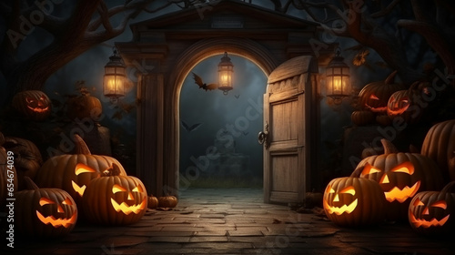 Halloween holiday concept. Banner with pumpkin head jack lanterns, candles, bats in dark mystery forest. Invitation to party. Copyspace