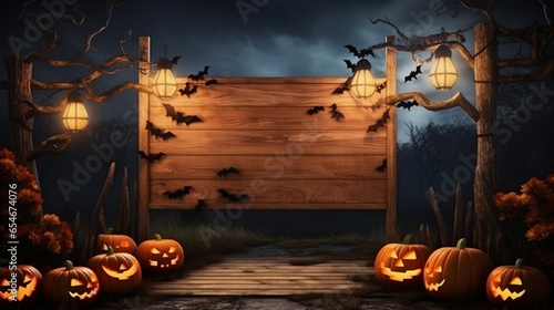 Wooden billboard for invitation to Halloween party. Banner with pumpkin head jack lanterns, candles, bats in dark mystery forest. Invitation to party. Copy space for text.
