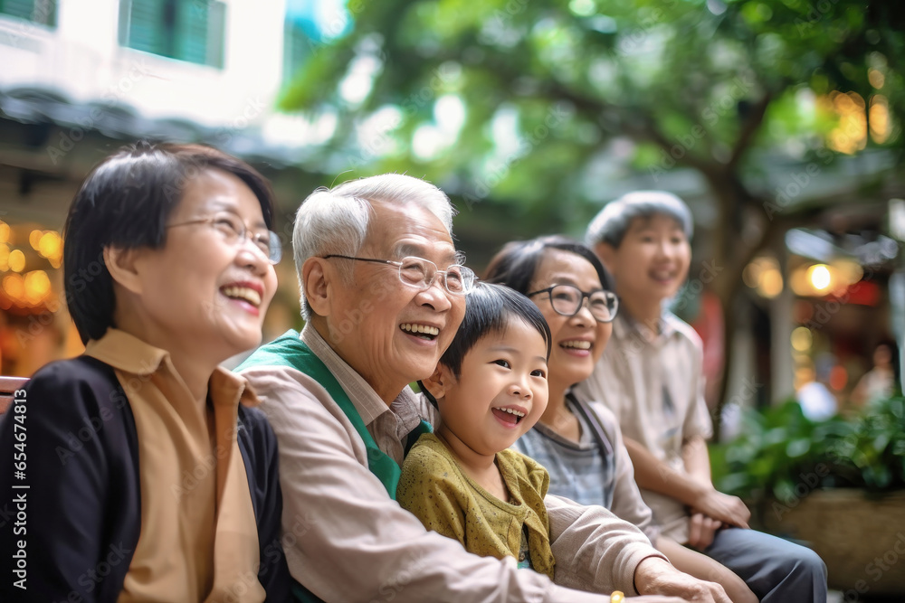 Asian family together. Family photo of an elderly father, daughter and young grandchildren. Children and grandchildren visit elderly parents. Family values. Friendly family. Caring for the elderly. Asian family together. Family photo of an elderly father, daughter and young grandchildren. Children and grandchildren visit elderly parents. Family values. Friendly family. Caring for the elderly.