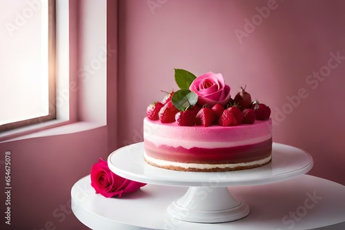  A Culinary Masterpiece Featuring a Cake Bedecked with Exquisite Roses, Where the Artistry of Pastry Meets the Beauty of Nature, Creating a Visual and Tasteful Symphony of Flavors and Aesthetics that  photo