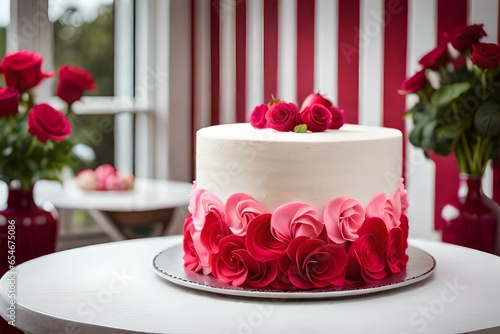  A Culinary Masterpiece Featuring a Cake Bedecked with Exquisite Roses, Where the Artistry of Pastry Meets the Beauty of Nature, Creating a Visual and Tasteful Symphony of Flavors and Aesthetics that  photo