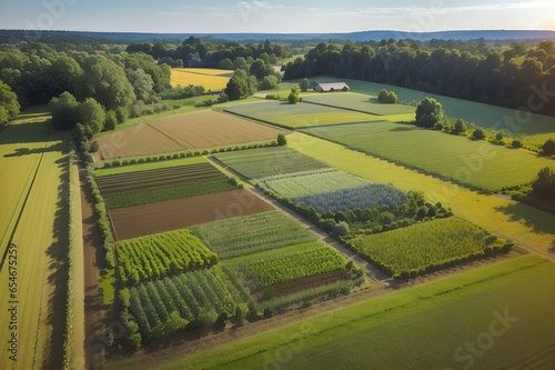 Regenerative agriculture. I this vibrant agricultural landscape, fields are transformed into a tapestry of ecological diversity through the practice of mixed plantings, intercropping, and agroforestry photo