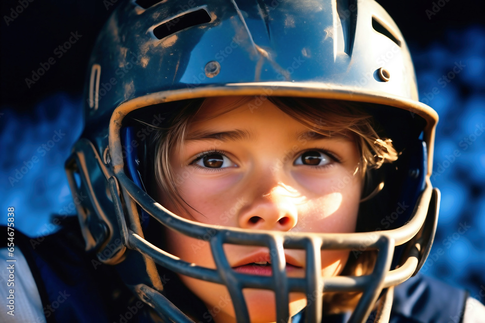 A close up of a child wearing a baseball helmet. Boy in a helmet. Sports protective equipment. Children's sports. A close up of a child wearing a baseball helmet. Boy in a helmet. Sports protective equipment. Children's sports.