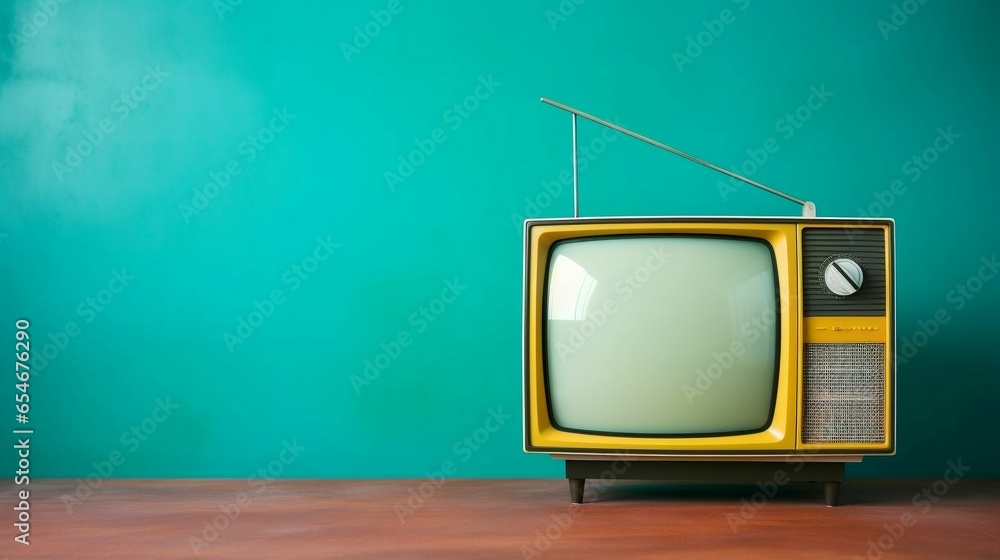 a Retro old yellow TV front on turquoise wall copy space background
