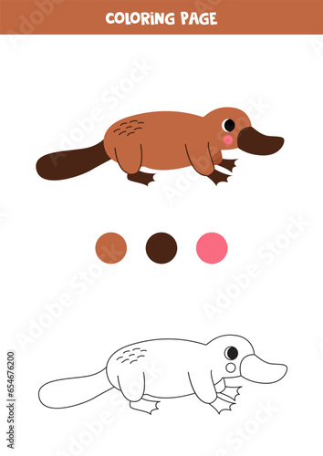 Color cute cartoon platypus. Worksheet for kids.