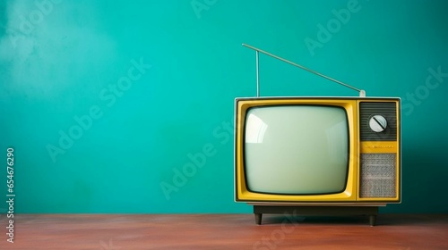 a Retro old yellow TV front on turquoise wall copy space background
