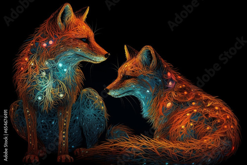 In a realm of perpetual twilight, spectral foxes with tails like galaxies weave constellations into the night sky, leaving trails of stardust in their wake.