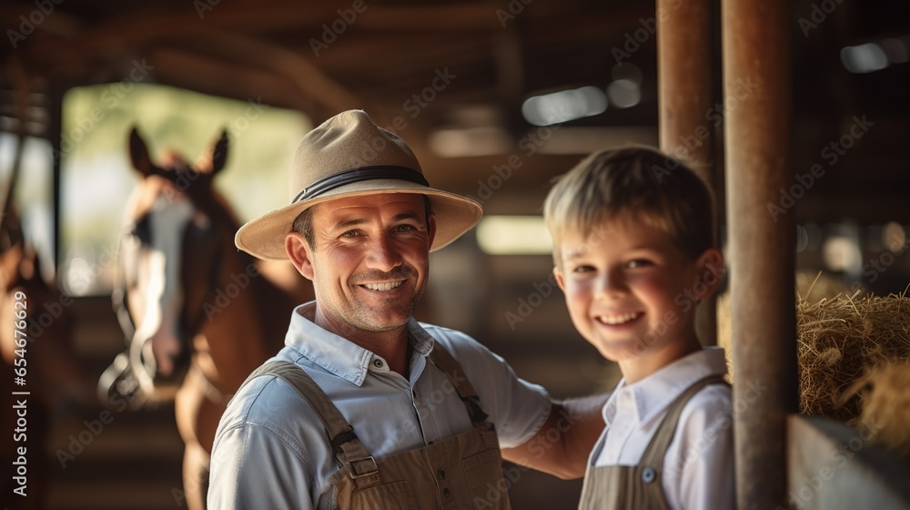 A horse farmer stands in a horse stable, he smiles happily at his work, a clean horse stable, a background of horses in a stable.