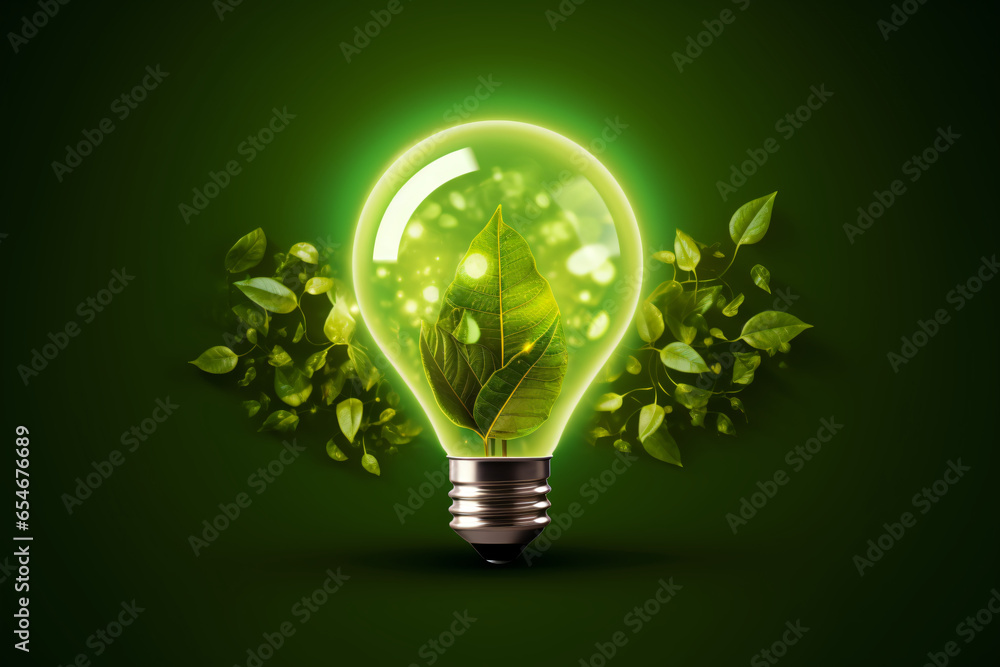 Glowing light bulb on green leaves background. Ecology concept, renewable alternative energy digital icon Glowing light bulb on green leaves background. Ecology concept, renewable alternative energy digital icon