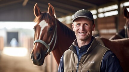 A horse farmer stands in a horse stable, he smiles happily at his work, a clean horse stable, a background of horses in a stable.