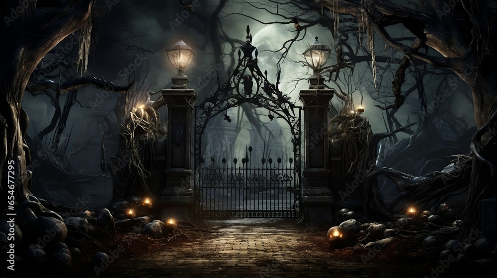 Gothic cemetery gate with a lantern and dead trees
