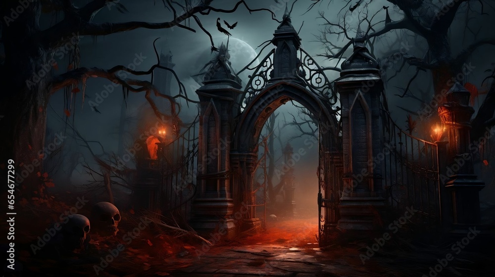 Gothic cemetery gate with a lantern and dead trees
Gothic cemetery gate with a lantern and dead trees