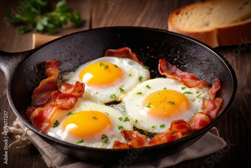 Bacon and eggs in a pan. Composition with tasty fried eggs and bacon on wooden table, Generative AI 