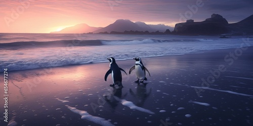 A Pair of Penguins Enjoy the Beauty of the Beach at Dusk. Penguin Couple