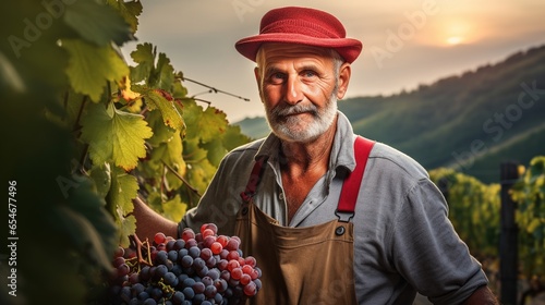 A farmer: Portrait of a gardener in a vineyard, a farmer picking grapes on a tree, a red vineyard on a northern hill