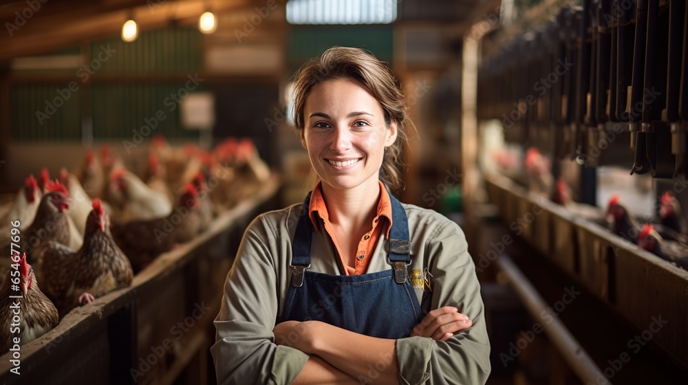 Obraz premium A female chicken farmer stands with his arms folded in the poultry shed, she smiles happily at her work.