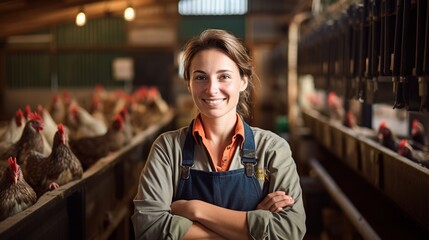 A female chicken farmer stands with his arms folded in the poultry shed, she smiles happily at her work.
