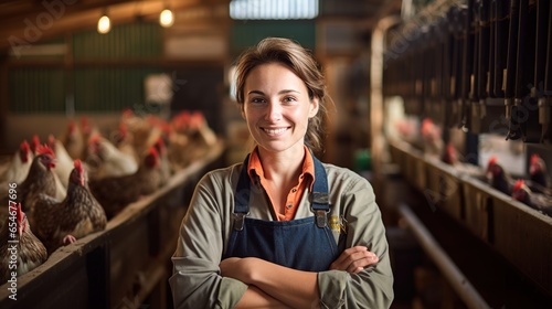 Foto A female chicken farmer stands with his arms folded in the poultry shed, she smiles happily at her work