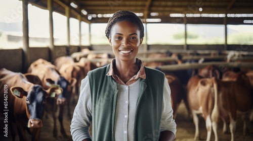 A female farmer with cows stands with her arms crossed in the cowshed, she smiles happily at her work, clean cowshed, background of cows standing in the cowshed.