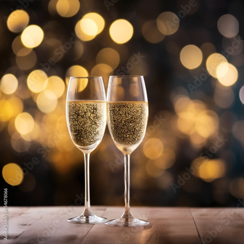 Close-up of two glasses with bubbly champagne tilted to each other against a background of blurry sparkles. Concept of a romantic evening and dinner in a restaurant. Place for advertising