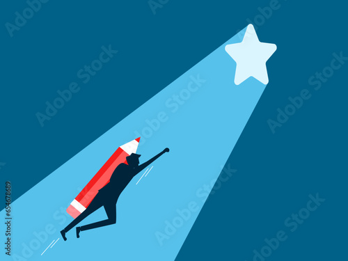 Develop success. man flying with pencil heading towards star gate with beam of light. Vector