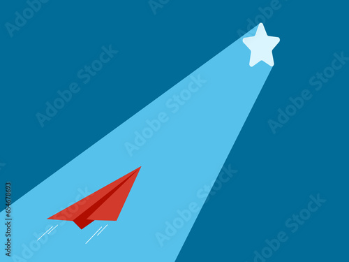 Chances of success. Paper airplane heading towards the star gate with beams of light. Vector