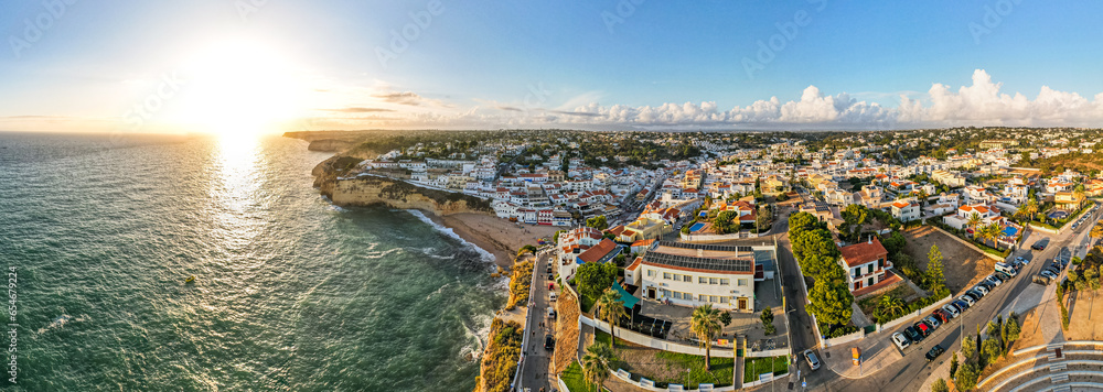Carvoeiro popular tourist town in Algarve , Portugal. Aerial drone view