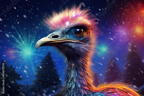 illustration of a colorful ostrich with fireworks in the background, happy new year party