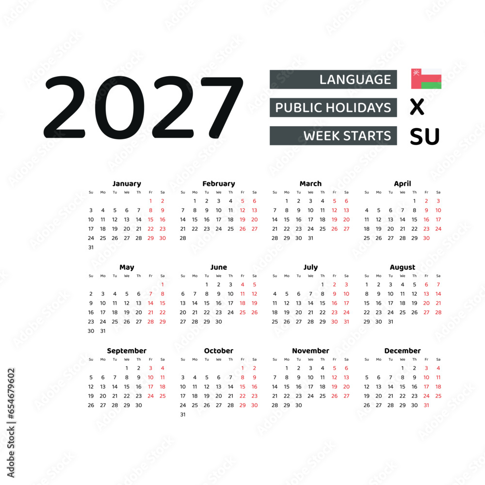 Calendar 2027 English language with Oman public holidays. Week starts from Sunday. Graphic design vector illustration.