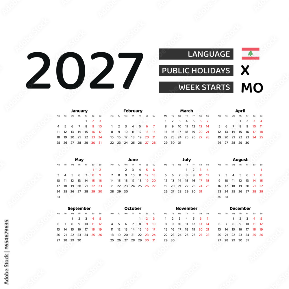 Calendar 2027 English language with Libya public holidays. Week starts from Sunday. Graphic design vector illustration. Calendar 2027 English language with Libya public holidays. Week starts from Sunday. Graphic design vector illustration.