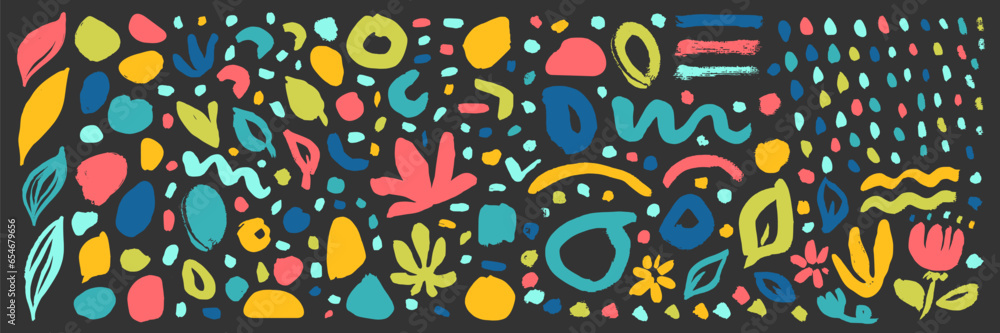 Vector childish brush line set. Abstract messy botanical squiggle daubs. Naive brush stroke background. Hand drawn curved scribbles. Colorful sketch lines and dots. Each element is united and isolated Vector childish brush line set. Abstract messy botanical squiggle daubs. Naive brush stroke background. Hand drawn curved scribbles. Colorful sketch lines and dots. Each element is united and isolated