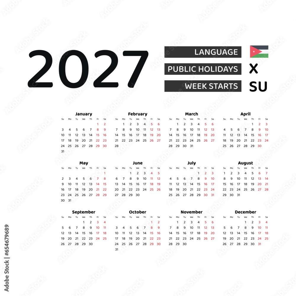 Calendar 2027 English language with Jordan public holidays. Week starts from Sunday. Graphic design vector illustration.