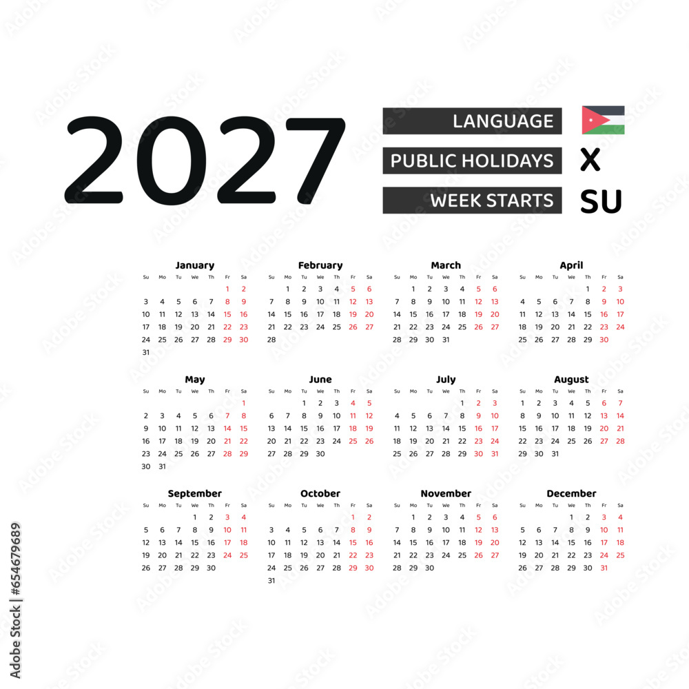 Calendar 2027 English language with Jordan public holidays. Week starts from Sunday. Graphic design vector illustration. Calendar 2027 English language with Jordan public holidays. Week starts from Sunday. Graphic design vector illustration.