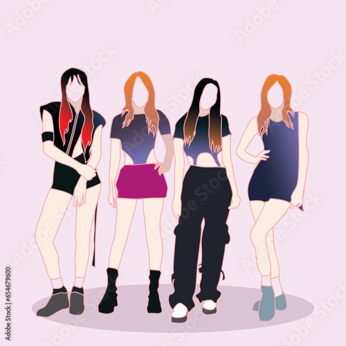 Vector illustration of a group of female singers singing wearing sexy outfits with color gradient hair. Korean K-POP GIRL idol event.abstract flat color cartoon design