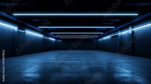 Dark blue LED brick tunnel corridor at night