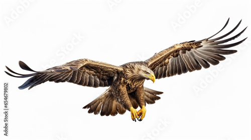 Realistic eagle flying with majesty and befitting a king of birds on a white background,8K.