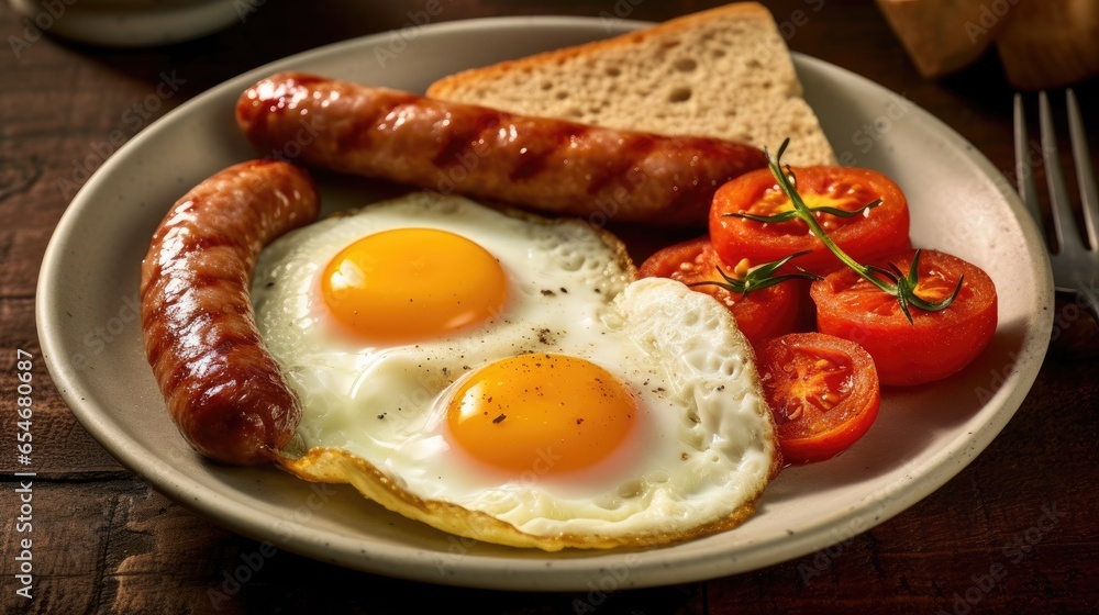 Breakfast with a fried egg and sausage Breakfast with a fried egg and sausage