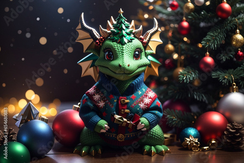 Christmas composition with a little cute dragon in a sweater. Background with the symbol of the year for cards  calendars.