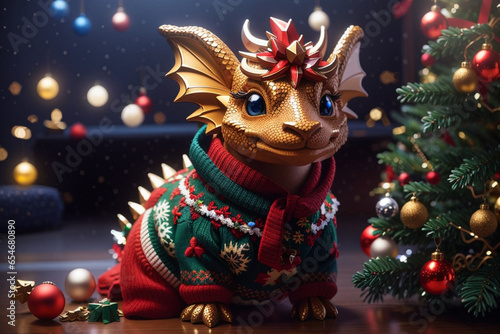 Christmas composition with a little cute dragon in a sweater. Background with the symbol of the year for cards, calendars.