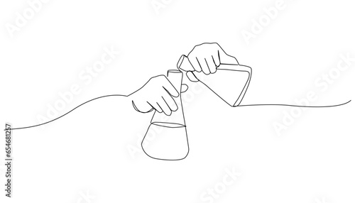 Hands mixing chemicals in a science test tube. One line art style on a white background.