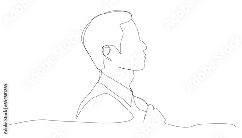 Businessman checking the neatness of his clothes. One line art style on a white background.
