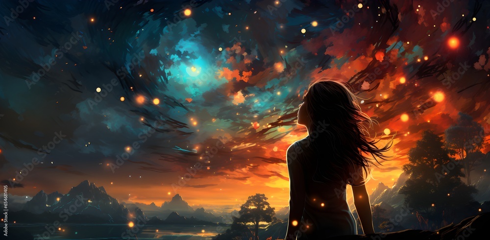 silhouette of person with telescope, space, large format, cross processing.