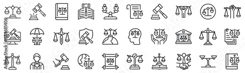 Set of 30 outline icons related to justice. Linear icon collection. Editable stroke. Vector illustration