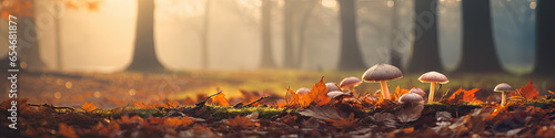 autumn landscape, forest floor with leafs and mushrooms, panorama